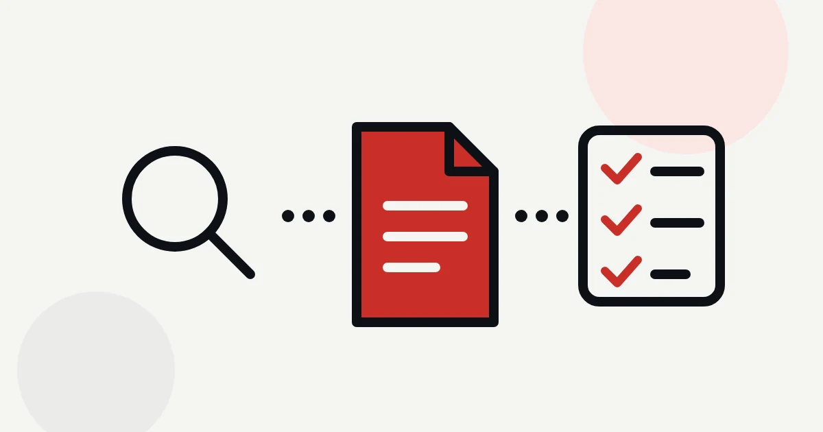 Illustration: Lupe, ein rotes Dokument als Leitfaden und eine Checkliste mit Haken