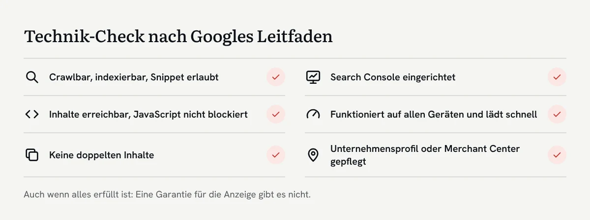 Checkliste mit Icons: crawlbar und indexierbar, Search Console, Inhalte erreichbar, schnell auf allen Geräten, keine doppelten Inhalte, Unternehmensprofil oder Merchant Center