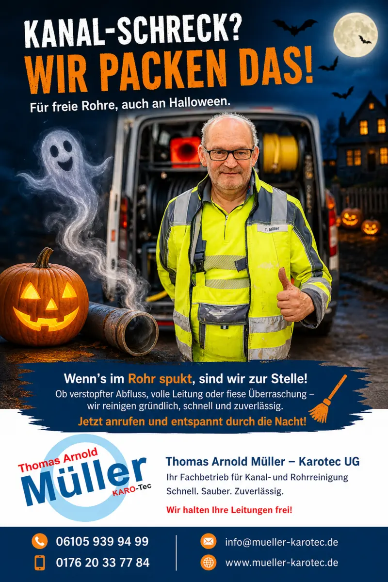 Flyer: Kanal-Schreck? Wir packen das! Thomas Arnold Müller mit Daumen hoch vor seinem Einsatzwagen, daneben Kürbis und Geist