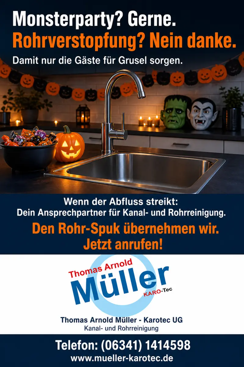 Flyer: Monsterparty? Gerne. Rohrverstopfung? Nein danke. Küchenspüle mit Kürbis, Süßigkeiten und Monstermasken