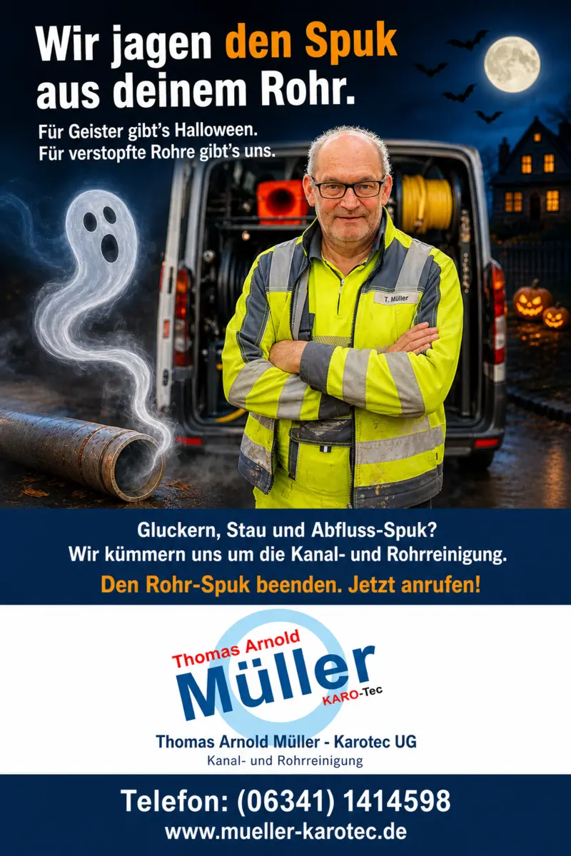 Flyer: Wir jagen den Spuk aus deinem Rohr. Thomas Arnold Müller mit verschränkten Armen vor dem Einsatzwagen, links ein Geist aus einem Rohr