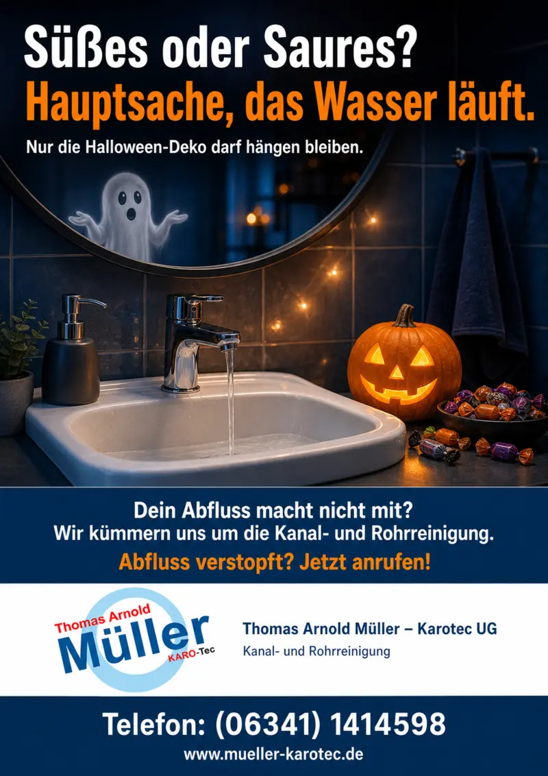 Flyer: Süßes oder Saures? Hauptsache, das Wasser läuft. Waschbecken mit Kürbis, im Spiegel ein Geist
