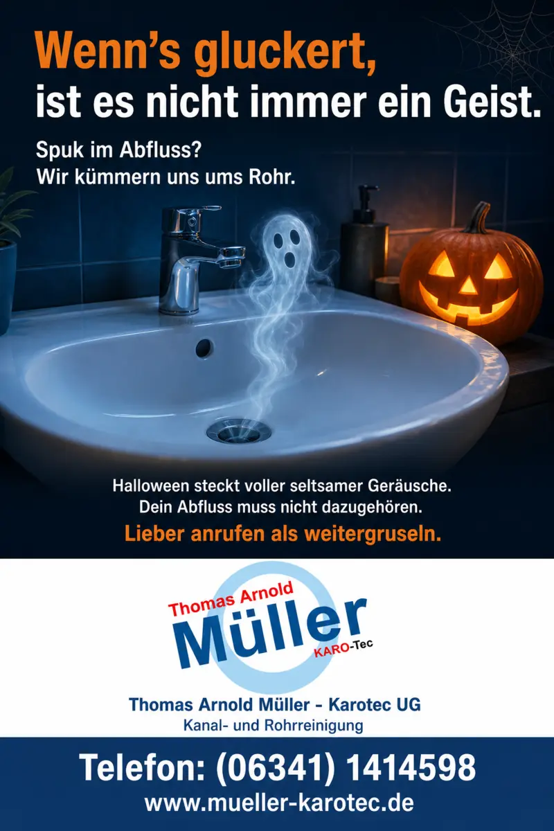 Flyer: Wenn's gluckert, ist es nicht immer ein Geist. Ein Geist steigt aus dem Abfluss eines Waschbeckens