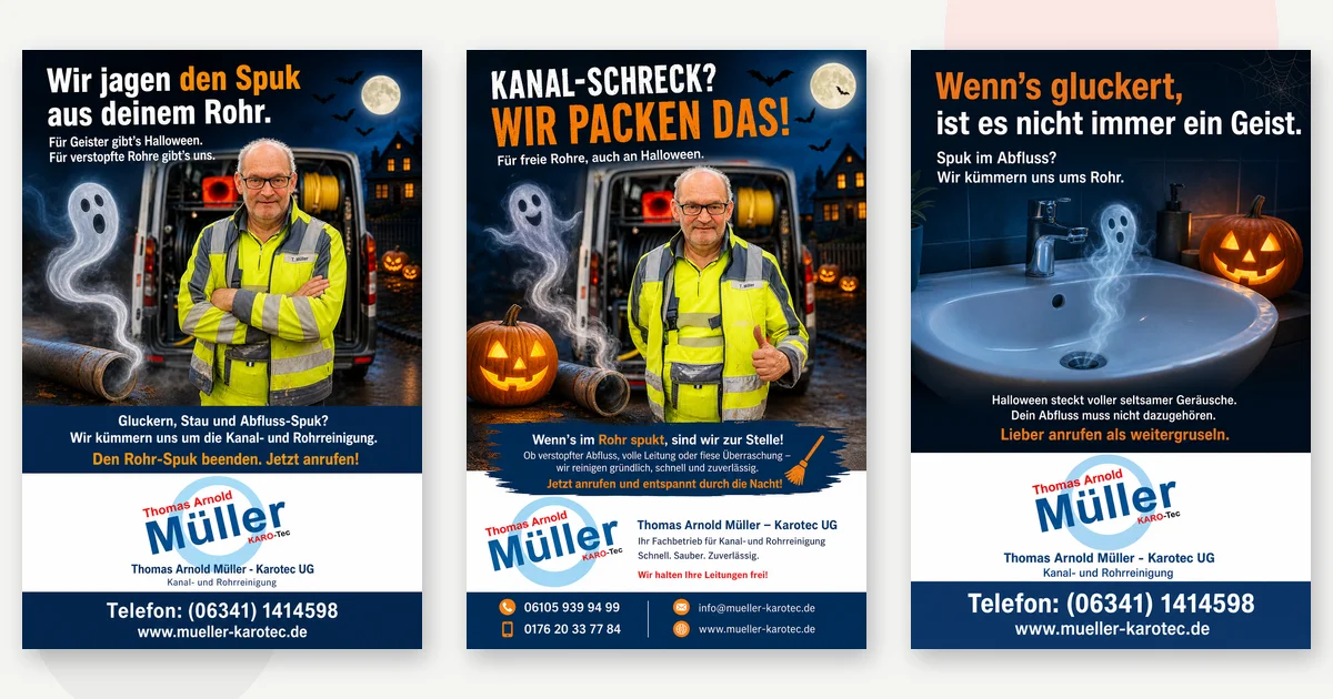 Drei Halloween-Flyer der Karotec UG mit Geist, Kürbis und Rohrreiniger vor dem Einsatzwagen