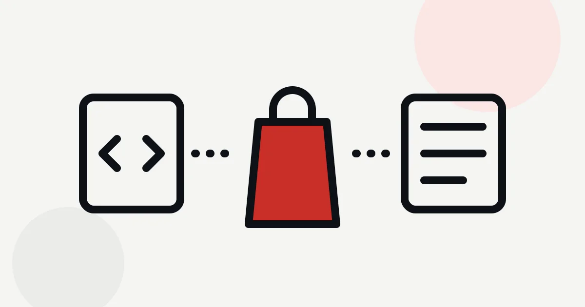 Illustration: Einkaufstasche zwischen einem Code-Symbol und einem Shopsystem