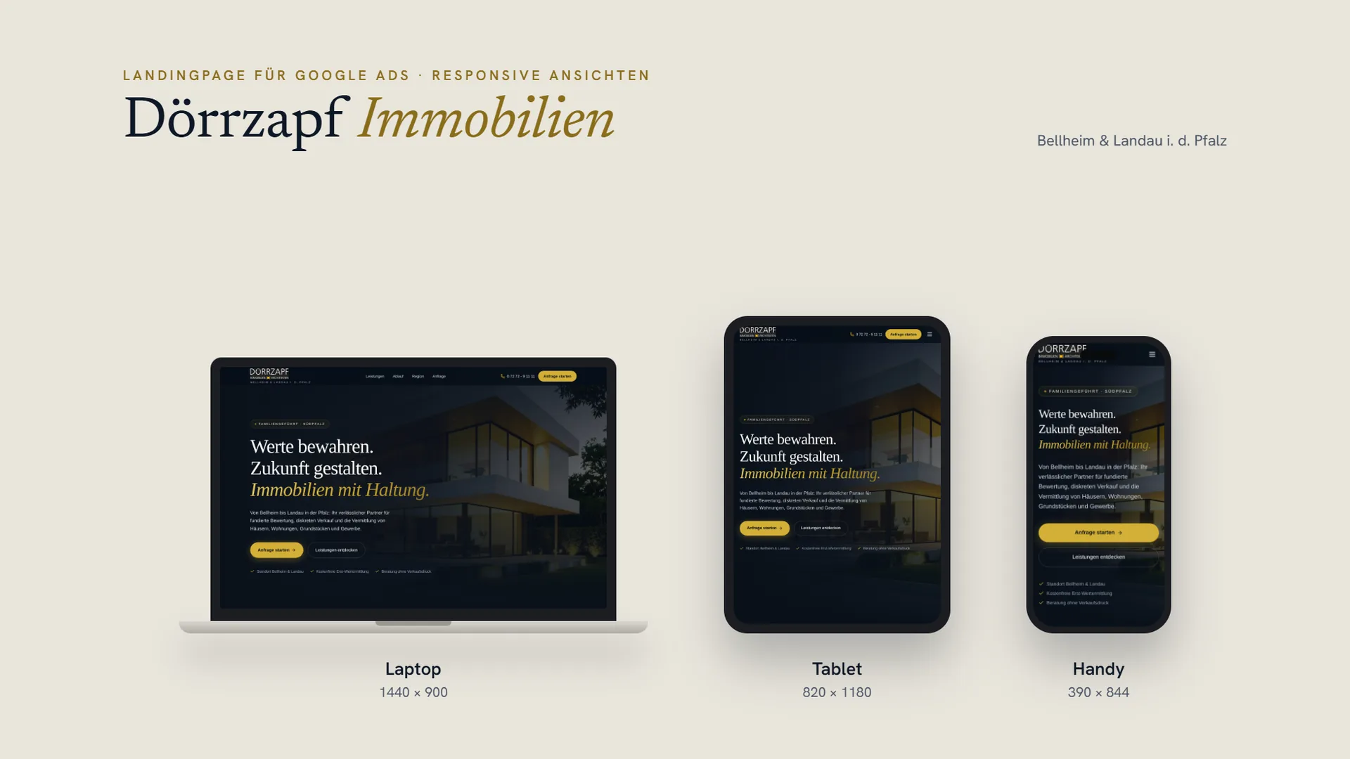 Die Landingpage von Dörrzapf Immobilien auf Laptop, Tablet und Smartphone