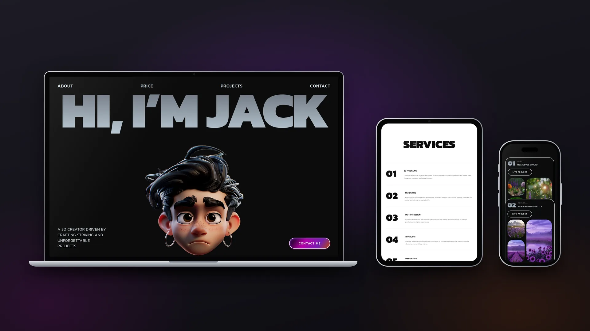 Die Landingpage von Jack, 3D Creator, auf Laptop, Tablet und Smartphone