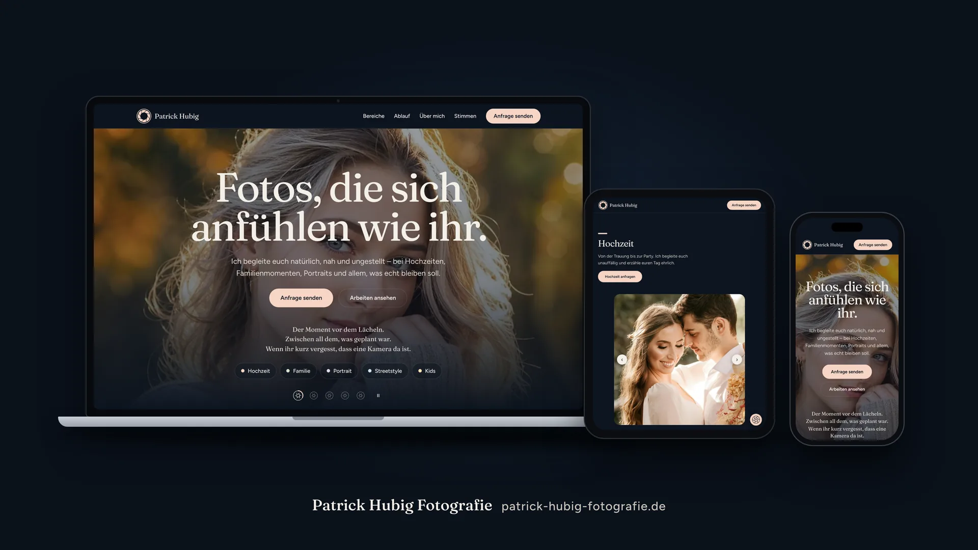 Die Website von Patrick Hubig Fotografie auf Laptop, Tablet und Smartphone