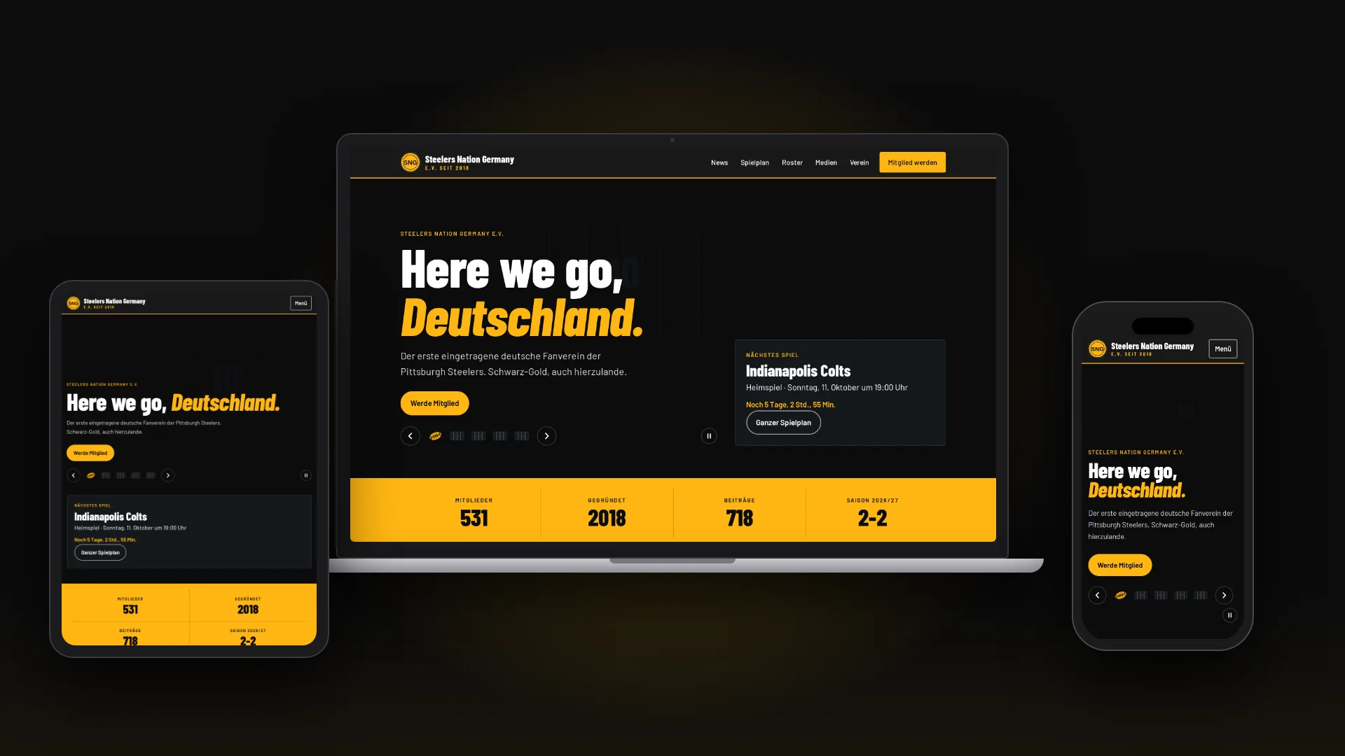 Die Website von Steelers Nation Germany e.V. auf Laptop, Tablet und Smartphone