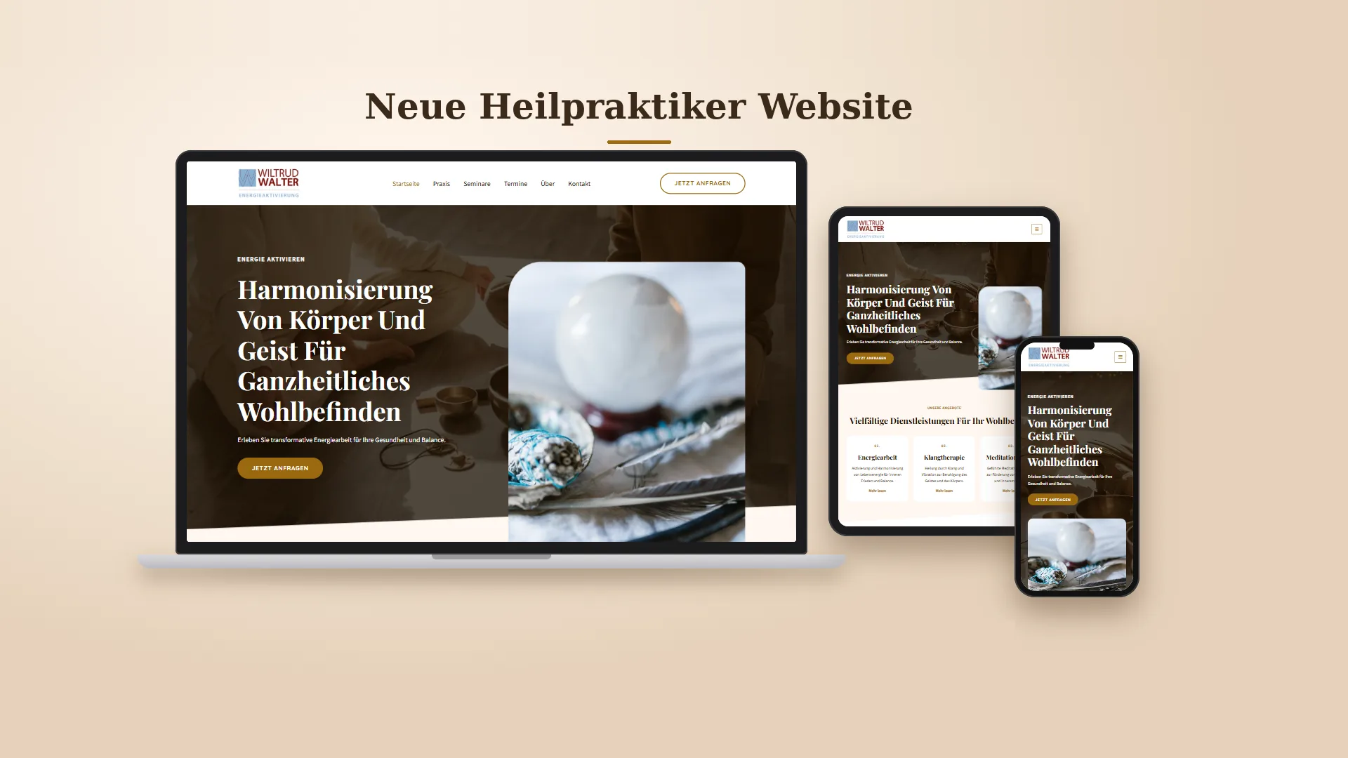Die Website von Wiltrud Walter, Energieaktivierung, auf Laptop, Tablet und Smartphone